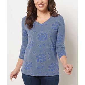 129 Denim & Co. Floral Rounded V-Neck Top BLUE sz XS